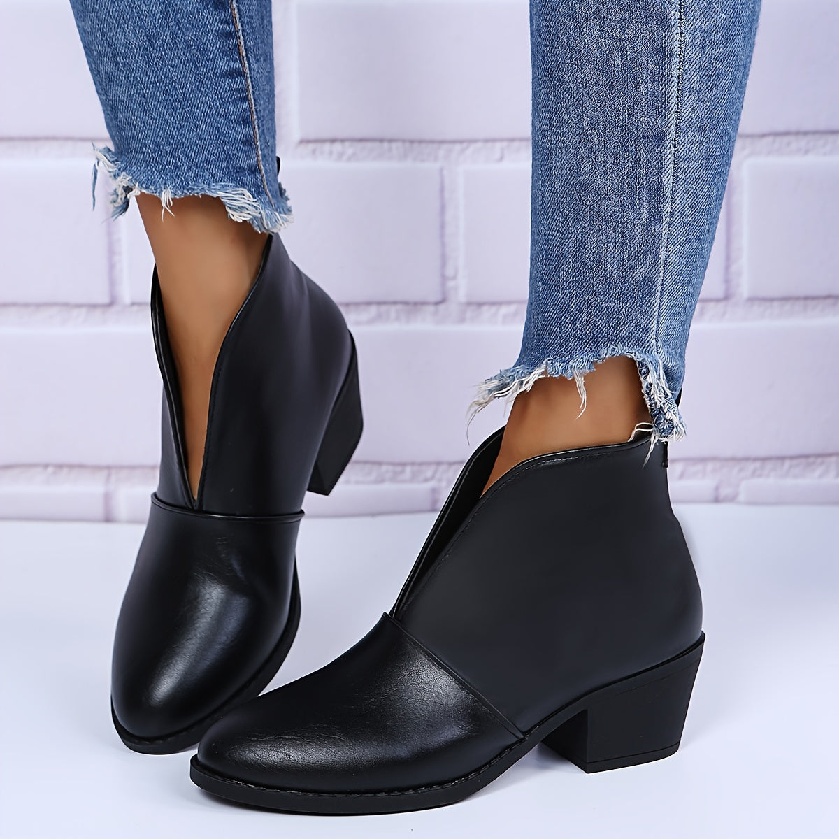 Chunky Heel Ankle Boots V Cut Slip On Short Boots Women's Footwear