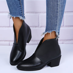 Chunky Heel Ankle Boots V Cut Slip On Short Boots Women's Footwear