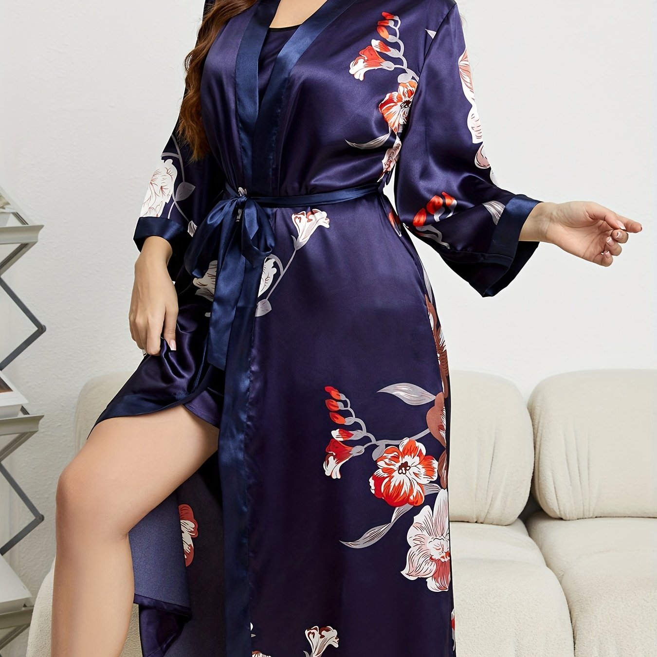 Floral Print Long Sleeve Robe With Belt Plus V Neck Nightgown