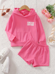 Girl's 2pcs Pocket Front Hoodie & Shorts Set EDITION Print Casual Outfits