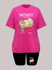 Funny Graphic Print Two Piece Set Crew Neck T-shirt & Slim Shorts