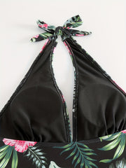 Tropical Print Halter Tankini Set High Cut Swimsuit