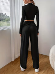 Casual Two-piece Set Long Sleeve Slim Crop Top & Pants