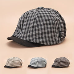 Plaid Beret Cap Label Patch Painter Hat Vintage Newsboy Style
