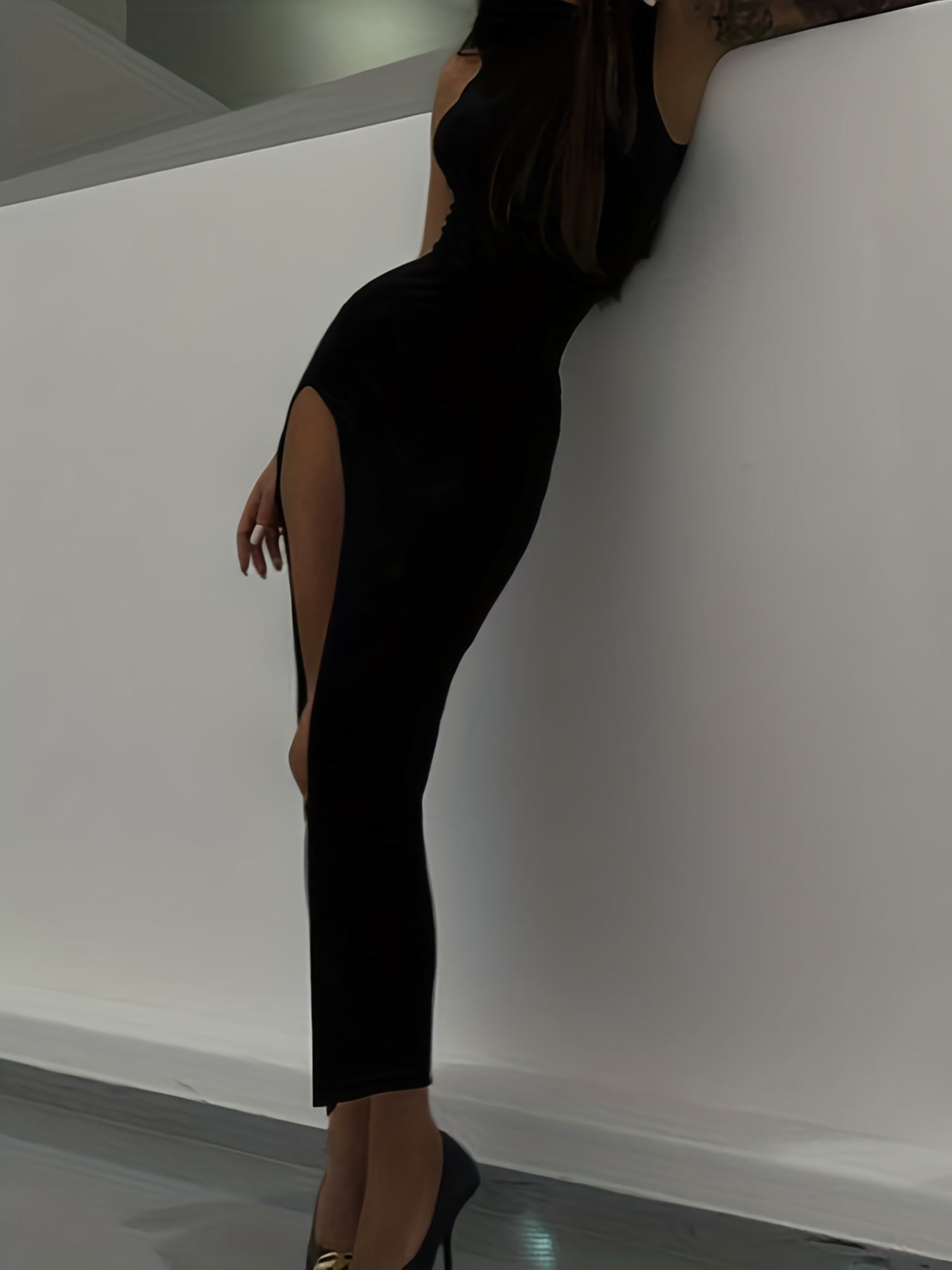 High Neck Bodycon Dress Sleeveless Side Slit Casual Dress
