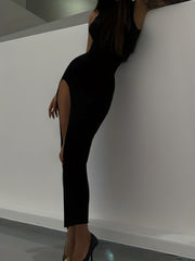 High Neck Bodycon Dress Sleeveless Side Slit Casual Dress