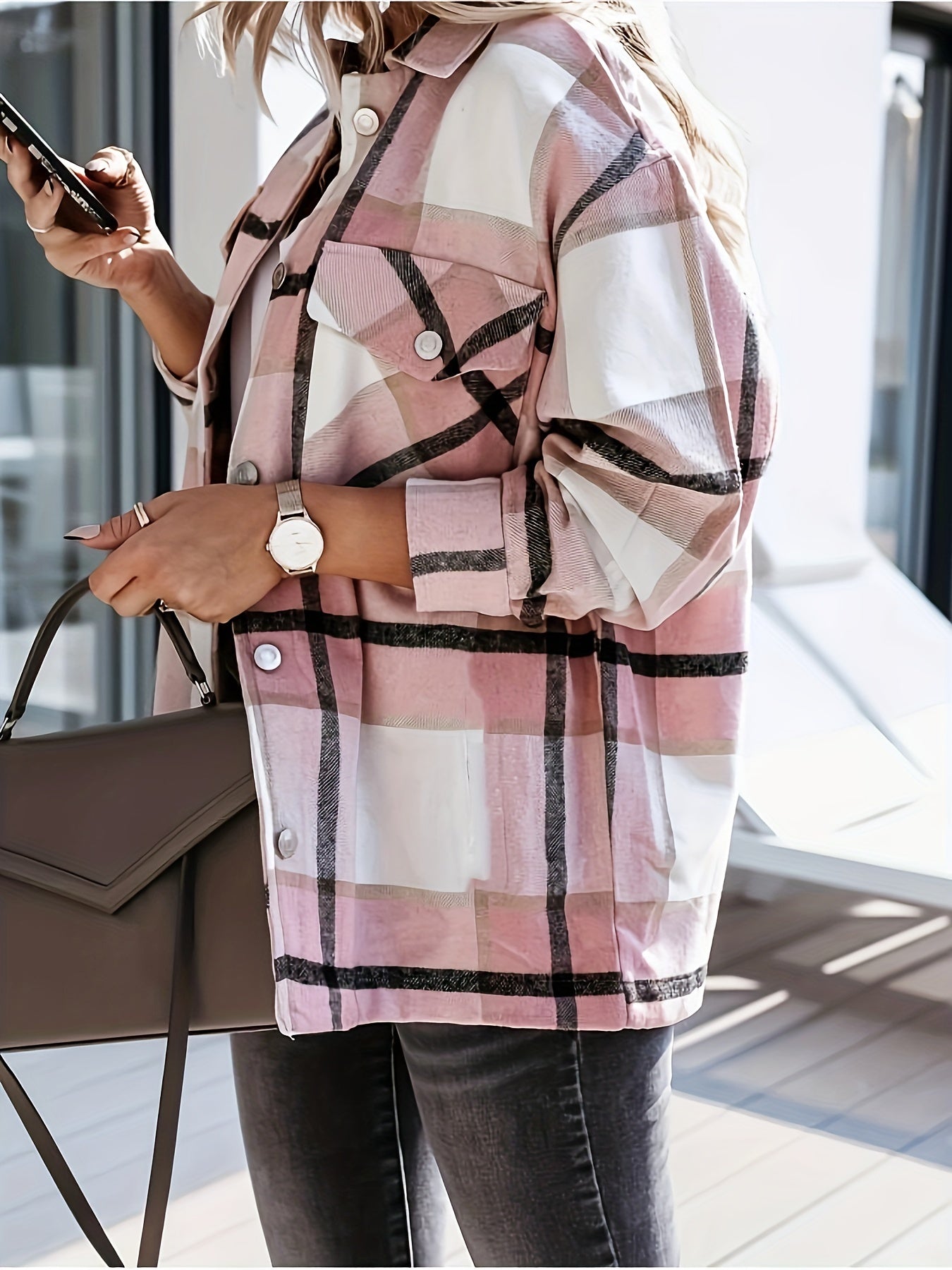 Plaid Long Sleeve Button Blouses Top For Women