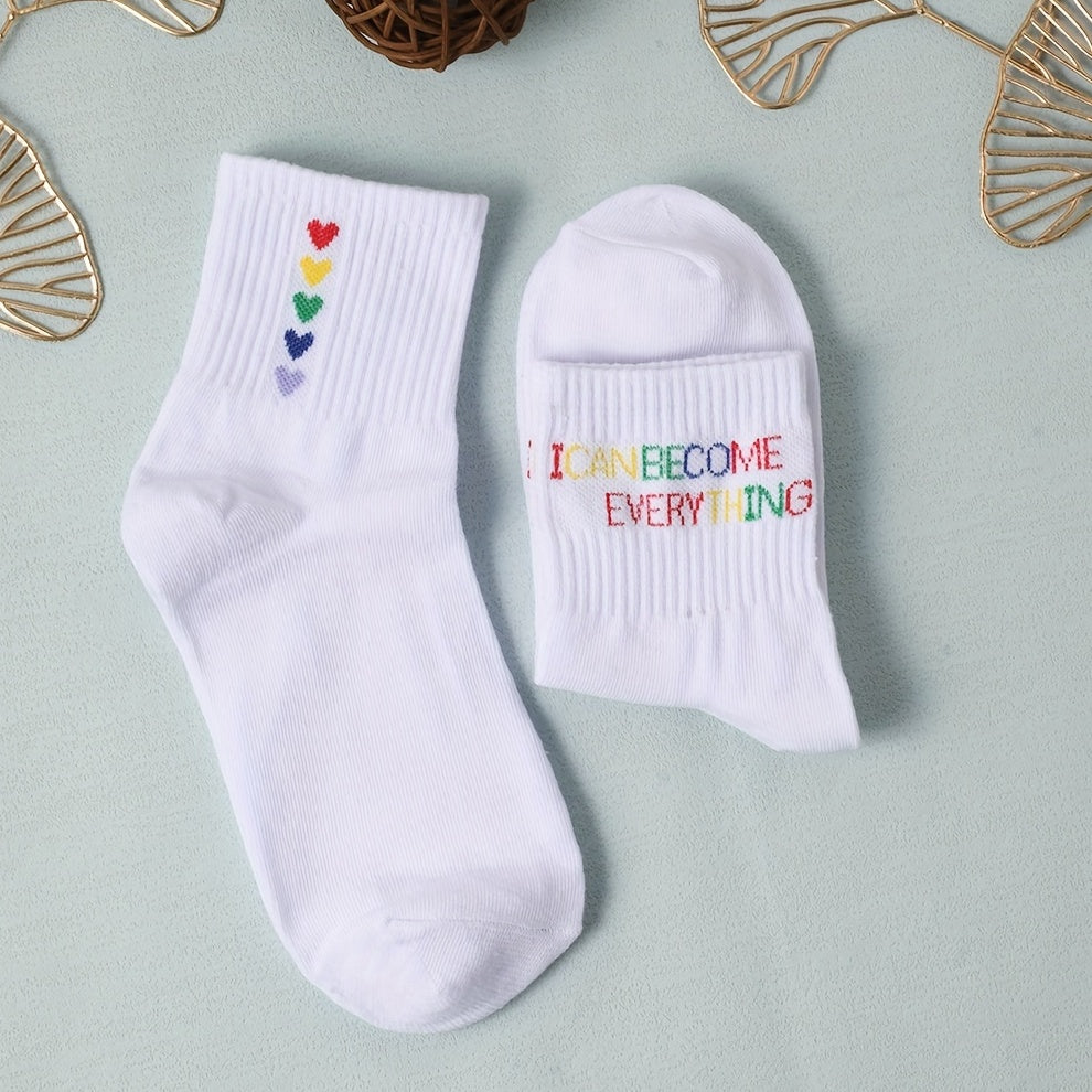 2 Pairs Letter & Heart Print Socks Breathable Mid Tube Women's Stockings