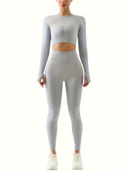 2pcs Yoga Set: Long Sleeve Top & High Waist Leggings, Women's Activewear