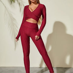 Seersucker V-Neck Crop Top Long Sleeve Gym
