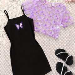 2pcs Toddler Girls Butterfly Graphic Dress & Top Set For Party Beach Vacation