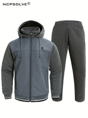 Men's Warm Sports Outfits Zip Up Hooded Jacket & Trousers