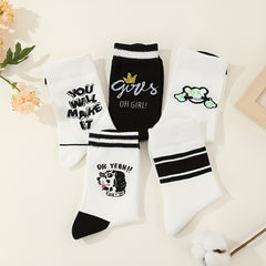 5 Pairs Letter Print Mid Tube Socks Women's Stockings