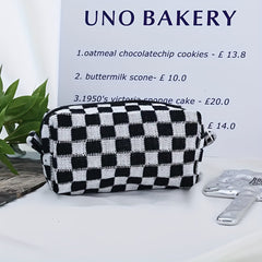 Checkerboard Knitted Cosmetic Bag Contrast Woolen Plaid Large Capacity Storage