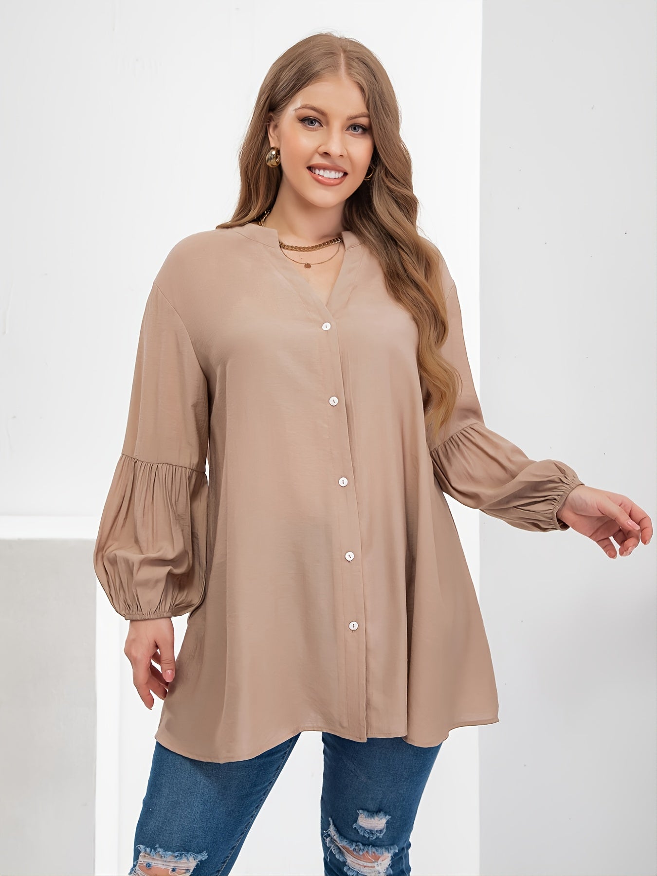 Oversized Tunic Lantern Sleeve Blouse Women's Plus Loose Fit Shirt