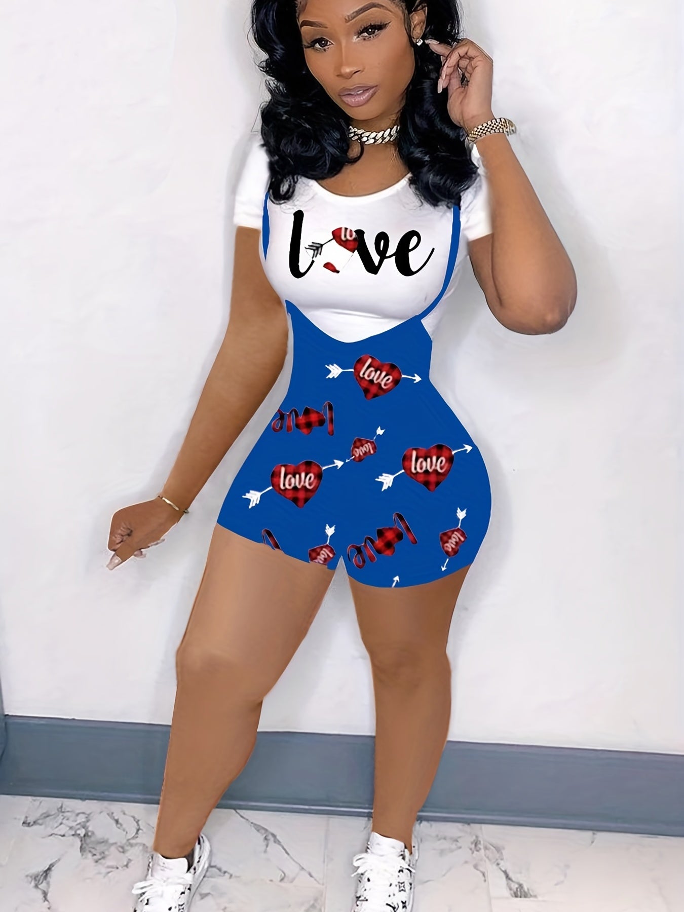 Plaid Print Spaghetti Jumpsuit & Letter Print Top Set