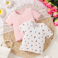 Baby Girl's Pink & Ditsy Floral All Match T shirts 2pcs Te Tops Set