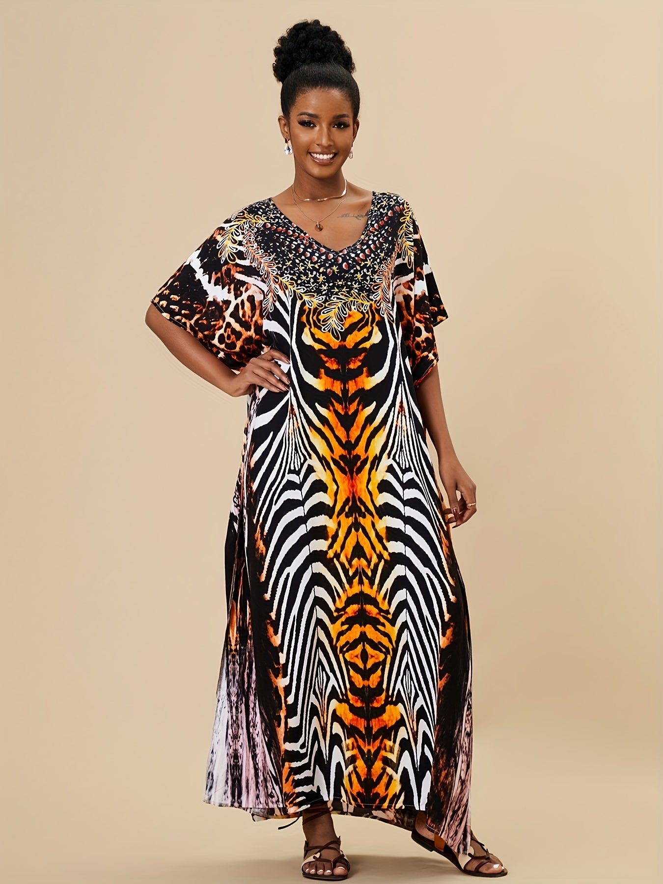 Boho Style Cover Up Dress V Neck Loose Fit Split Beachwear Kaftan