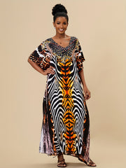 Boho Style Cover Up Dress V Neck Loose Fit Split Beachwear Kaftan