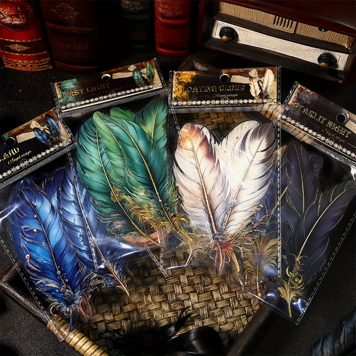5pcs PET Hot Stamping Angel Feather Stickers Retro Feather Journal Collage