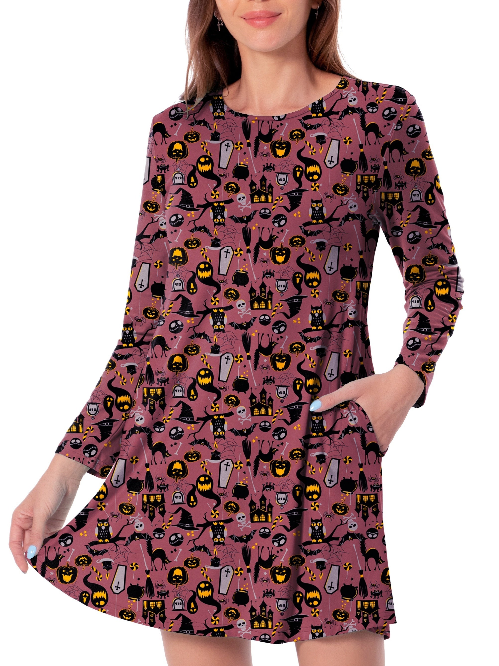 Bat Print Halloween Dress Long Sleeve Mini Dress Women's Clothing