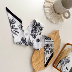 Flower Print Satin Twilly Scarf Long Neck Ribbon for Women