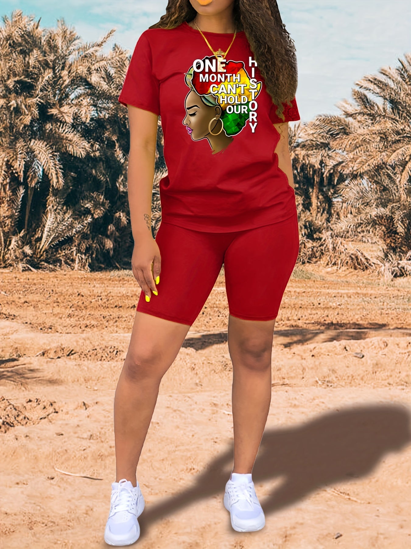 Girl & Letter Print Matching Two piece Set Short Sleeve T shirt & Biker Shorts