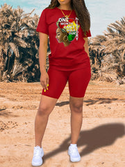 Girl & Letter Print Matching Two piece Set Short Sleeve T shirt & Biker Shorts