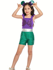 Girls Mermaid Ruffle Sleeve Jumpsuit with Bow Romper for Summer Costume