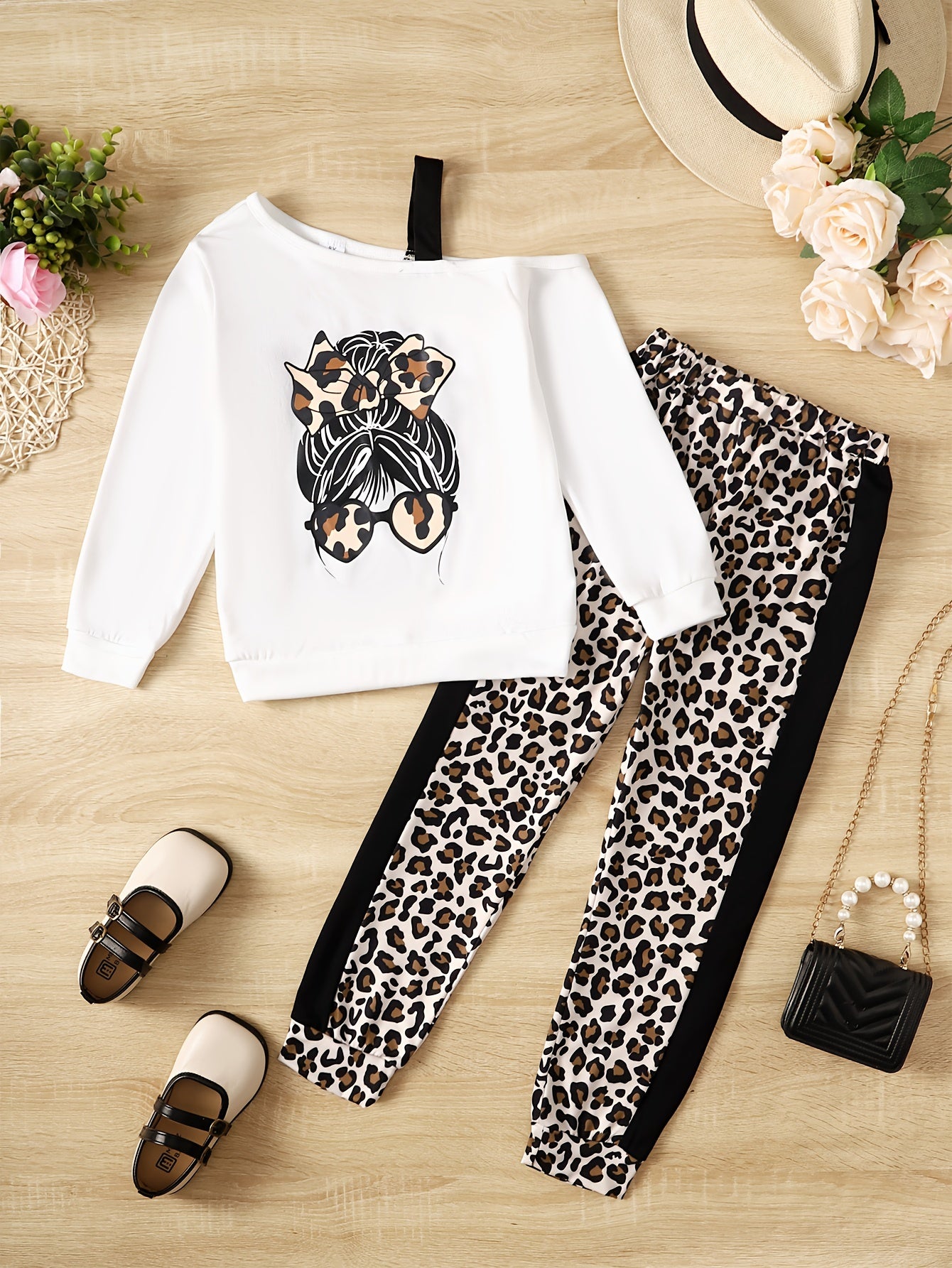 Girl's Camisole Sweatshirt & Leopard Pants Set Anime Print Casual Outfits