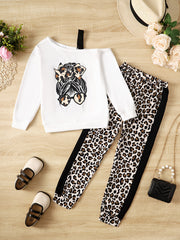 Girl's Camisole Sweatshirt & Leopard Pants Set Anime Print Casual Outfits