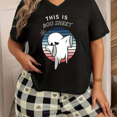 Halloween Lounge Top Women's Plus Ghost & Slogan Print Pajama Top
