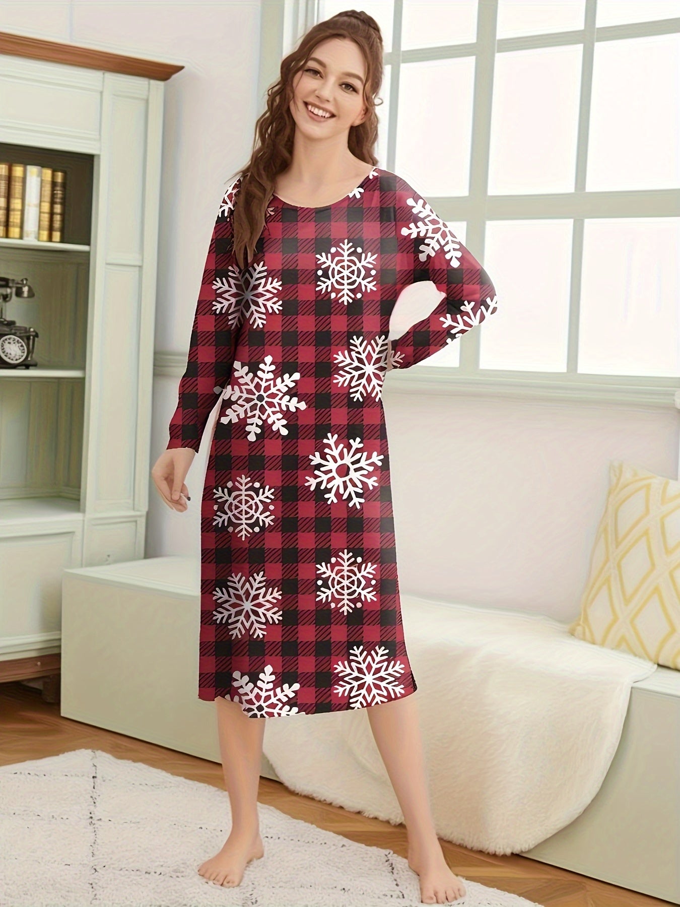 Snowflake Print NightDress Christmas Long Sleeve Plaid Pajama Dress