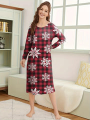 Snowflake Print NightDress Christmas Long Sleeve Plaid Pajama Dress