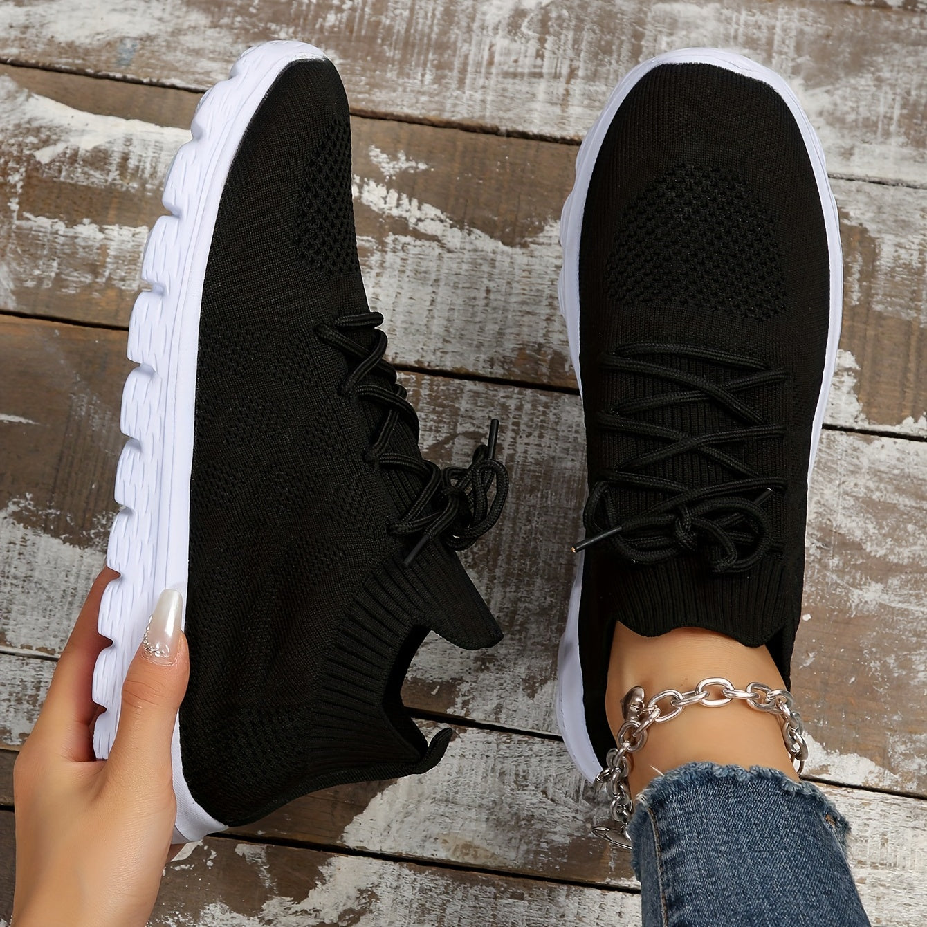 Women's Knitted Sports Shoes Comfy Lace Up Low Top Casual Running Sneakers