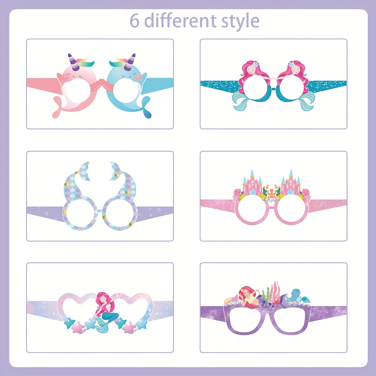 6 Pairs Birthday Party Paper Glasses Mermaid Castle Princess Unicorn Glasses