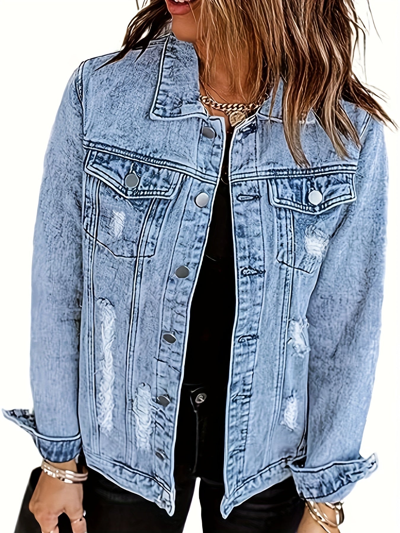 Ripped Holes Denim Jacket Long Sleeves Flap Pockets Lapel Women's Denim Coats