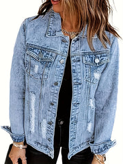 Ripped Holes Denim Jacket Long Sleeves Flap Pockets Lapel Women's Denim Coats