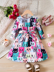 Floral Dress For Toddler Kid Girls Cropped Long Sleeve A line Belted Party