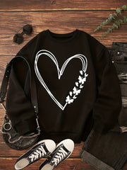 Heart Print Crew Neck Sweatshirt for Women