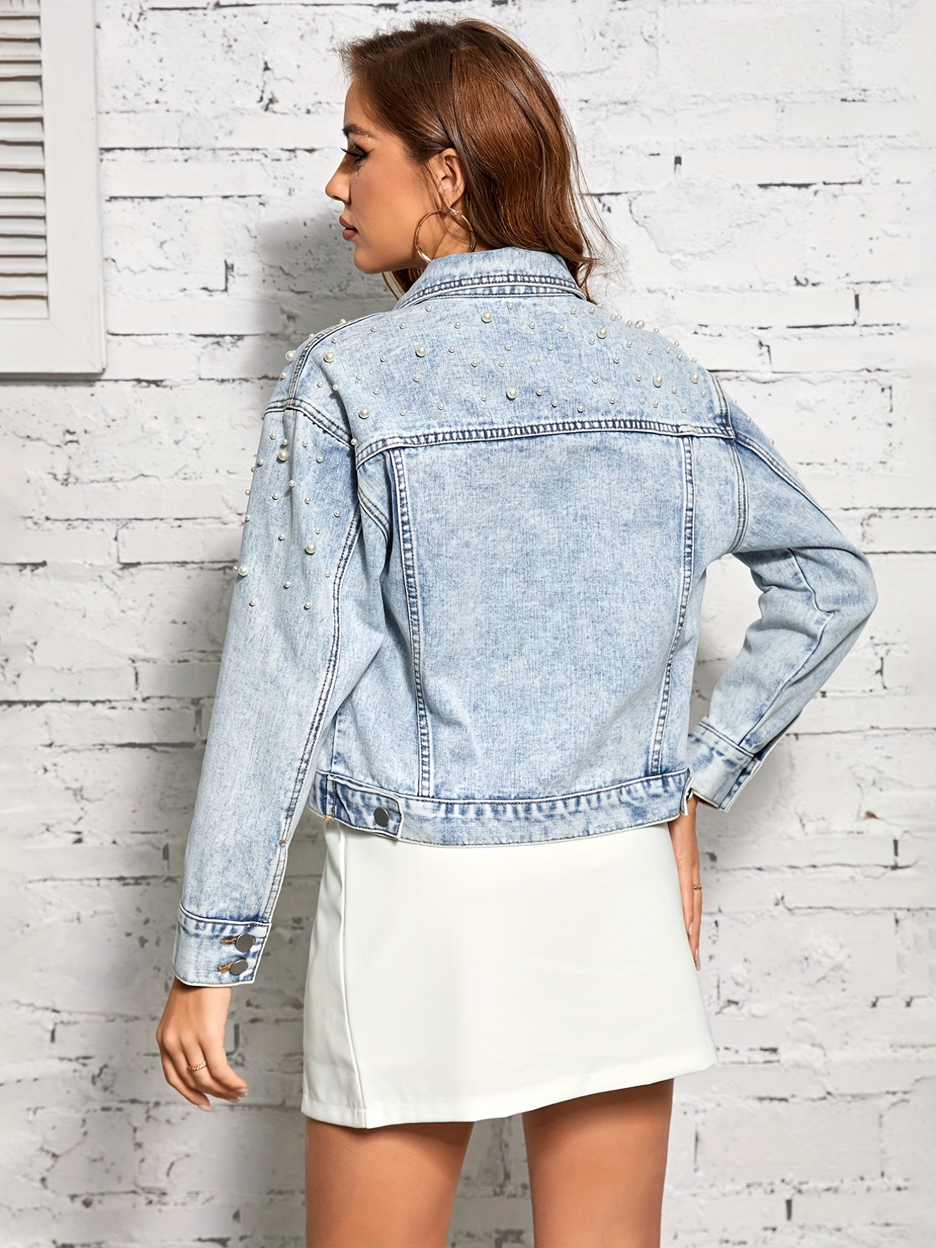 Faux Pearl Rivet Denim Jacket Long Sleeve Street Style