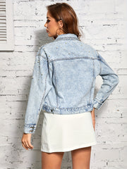 Faux Pearl Rivet Denim Jacket Long Sleeve Street Style