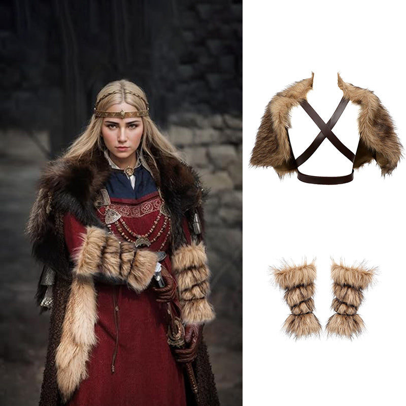 Viking Men'S Cape Shawl & Wrist Cover Set Faux Fur Scarf Polyester Knit