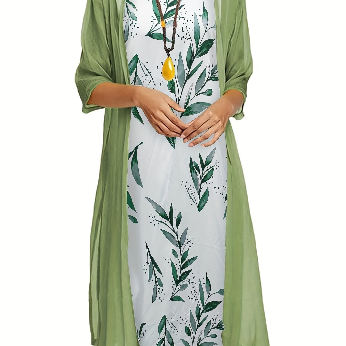 2 Piece Set Women's Solid Cardigan & Leaf Print Tank Dress