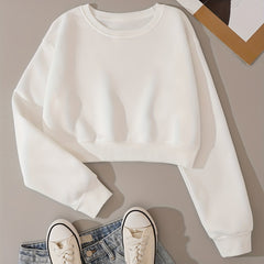 Solid Crop Pullover Sweatshirt Long Sleeve Crew Neck for Spring & Fall
