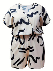 Graffiti Print Short Sleeve Surplice Neck Romper