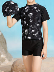 Boy's Planet Pattern Swimsuit 2pcs Set Cartoon Astronaut Print