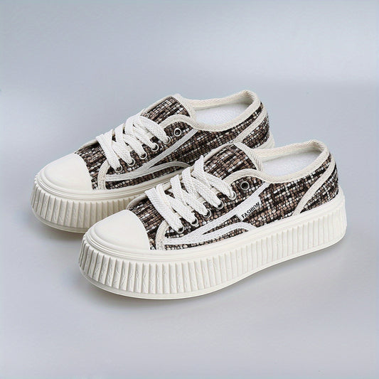 Brown Platform Canvas Shoes Lace Up Outdoor Sneakers