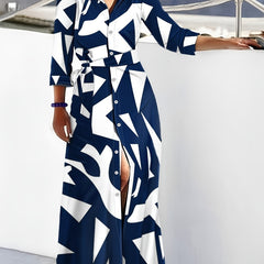Geometric Print Long Sleeve Shirt Dress With Belt