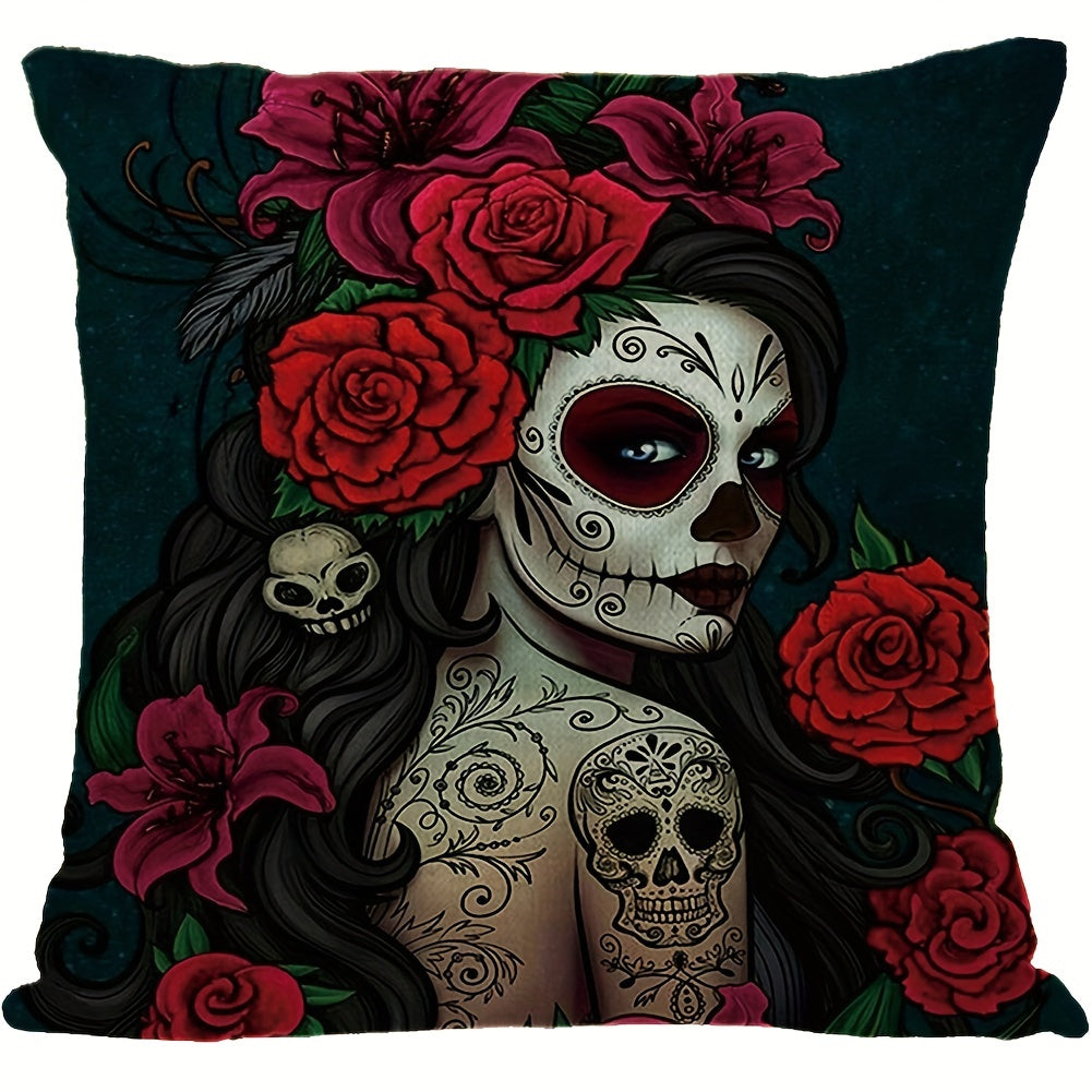 Skull Rose Linen Pillowcase 45x72cm Halloween Party Decoration